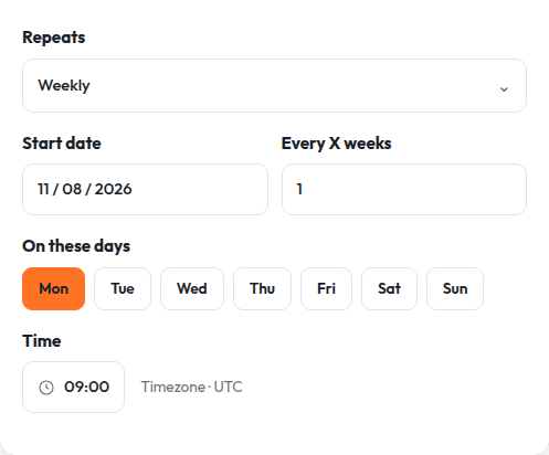 The schedule behind a recurring task: repeats weekly, starting 11 August 2026, every one week, on Mondays, at 09:00 UTC.