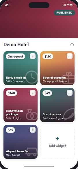 A phone showing a hotel's guest services page: early check-in on request, a special occasion package at $120, a honeymoon package at $260, a spa day pass at $49 and an airport transfer at $65, each one a card the hotel can add or remove.